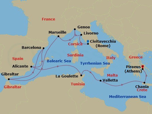 14 Night - Western Mediterranean : Italy, Malta & Greek Isles - Nieuw Statendam - Starting in Civitavecchia (Rome), Italy, Livorno (Florence / Pisa), Italy, Genoa, Italy, Marseille (Provence), France, Gibraltar, Barcelona, Spain, Alicante, Spain, La Goulette (Tunis), Tunisia, Valletta, Malta, Souda (Chania), Greece, Piraeus (Athens), Greece itinerary map