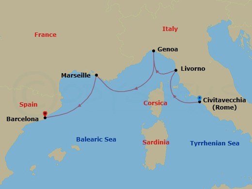 7 Night - Western Mediterranean : Italy, France & Gibraltar - Nieuw Statendam - Starting in Civitavecchia (Rome), Italy, Livorno (Florence / Pisa), Italy, Genoa, Italy, Marseille (Provence), France, Gibraltar, Barcelona, Spain itinerary map