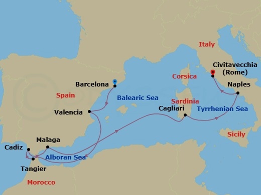 9 Night - Western Mediterranean : Spain, Morocco & Italy - Zuiderdam - Starting in Barcelona, Spain, Valencia, Spain, Tangier, Morocco, Cadiz (Seville), Spain, Malaga, Spain, Cagliari, Sardinia, Italy, Naples (Pompeii / Amalfi), Italy, Civitavecchia (Rome), Italy itinerary map