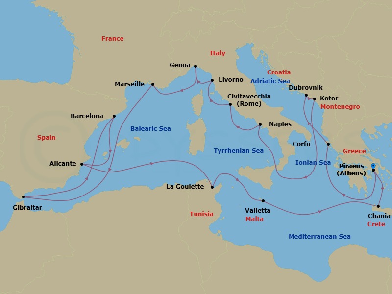 21 Night - Mediterranean Splendor : Greece, Croatia & Italy - Nieuw Statendam - Starting in Piraeus (Athens), Greece, Kerkira, (Corfu), Greece, Dubrovnik, Croatia, Kotor, Montenegro, Naples (Pompeii / Amalfi), Italy, Civitavecchia (Rome), Italy, Livorno (Florence / Pisa), Italy, Genoa, Italy, Marseille (Provence), France, Gibraltar, Barcelona, Spain, Alicante, Spain, La Goulette (Tunis), Tunisia, Valletta, Malta, Souda (Chania), Greece, Piraeus (Athens), Greece itinerary map