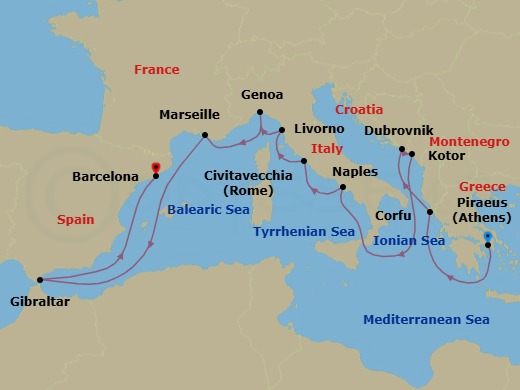 14 Night - Mediterranean Splendor : Greece, Croatia & Italy - Nieuw Statendam - Starting in Piraeus (Athens), Greece, Kerkira, (Corfu), Greece, Dubrovnik, Croatia, Kotor, Montenegro, Naples (Pompeii / Amalfi), Italy, Civitavecchia (Rome), Italy, Livorno (Florence / Pisa), Italy, Genoa, Italy, Marseille (Provence), France, Gibraltar, Barcelona, Spain itinerary map