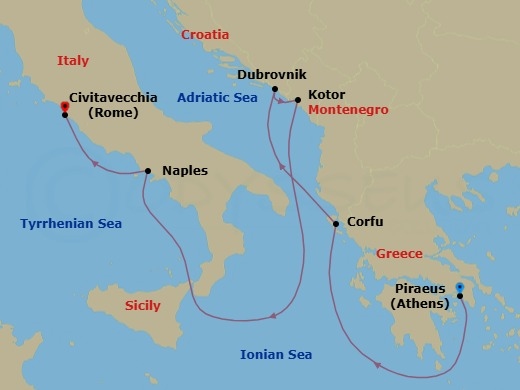 7 Night - Mediterranean Splendor : Greece, Croatia & Italy - Nieuw Statendam - Starting in Piraeus (Athens), Greece, Kerkira, (Corfu), Greece, Dubrovnik, Croatia, Kotor, Montenegro, Naples (Pompeii / Amalfi), Italy, Civitavecchia (Rome), Italy itinerary map