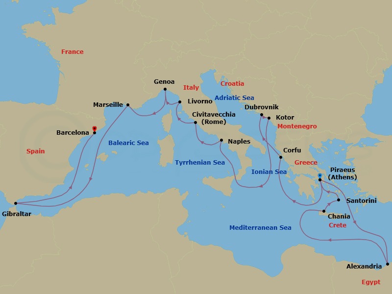 21 Night - Greek Isles & Western Mediterranean : Cairo Overnight - Nieuw Statendam - Starting in Piraeus (Athens), Greece, Alexandria EG (Cairo), Egypt, Souda (Chania), Greece, Thira (Santorini), Greece, Piraeus (Athens), Greece, Kerkira, (Corfu), Greece, Dubrovnik, Croatia, Kotor, Montenegro, Naples (Pompeii / Amalfi), Italy, Civitavecchia (Rome), Italy, Livorno (Florence / Pisa), Italy, Genoa, Italy, Marseille (Provence), France, Gibraltar, Barcelona, Spain itinerary map
