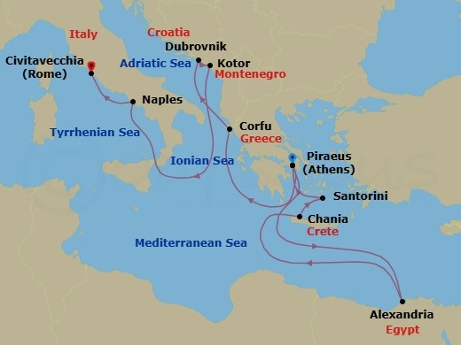 14 Night - Greek Isles & Mediterranean Splendor : Cairo Overnight - Nieuw Statendam - Starting in Piraeus (Athens), Greece, Alexandria EG (Cairo), Egypt, Souda (Chania), Greece, Thira (Santorini), Greece, Piraeus (Athens), Greece, Kerkira, (Corfu), Greece, Dubrovnik, Croatia, Kotor, Montenegro, Naples (Pompeii / Amalfi), Italy, Civitavecchia (Rome), Italy itinerary map