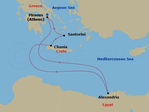 7 Night - Greek Isles : Cairo Overnight with Crete & Santorini - Nieuw Statendam - Starting in Piraeus (Athens), Greece, Alexandria EG (Cairo), Egypt, Souda (Chania), Greece, Thira (Santorini), Greece, Piraeus (Athens), Greece itinerary map