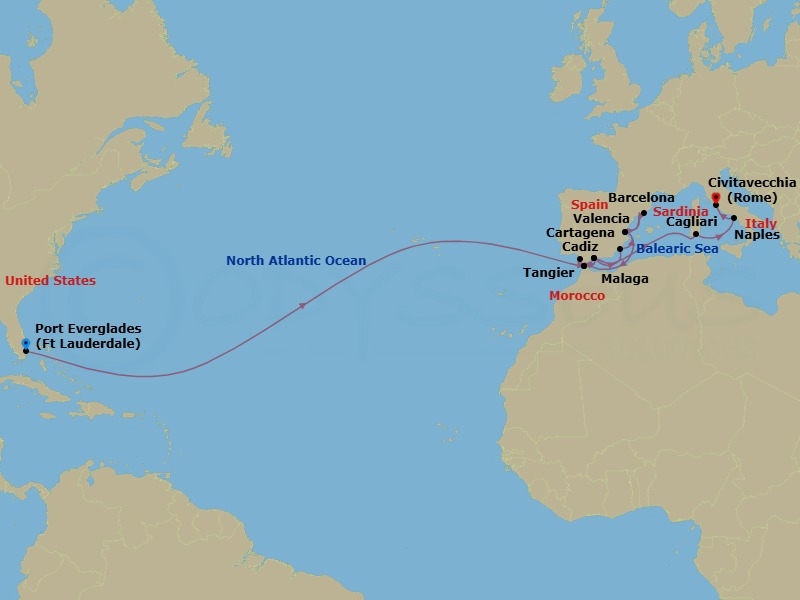 23 Night - Cultural Crossing & Western Mediterranean - Zuiderdam - Starting in Fort Lauderdale, Florida, Tangier, Morocco, Malaga, Spain, Cartagena ES, Valencia, Spain, Barcelona, Spain, Valencia, Spain, Tangier, Morocco, Cadiz (Seville), Spain, Malaga, Spain, Cagliari, Sardinia, Italy, Naples (Pompeii / Amalfi), Italy, Civitavecchia (Rome), Italy itinerary map