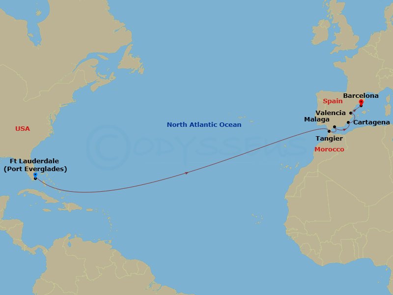 14 Night - Cultural Crossing with Morocco & Spain - Zuiderdam - Starting in Fort Lauderdale, Florida, Tangier, Morocco, Malaga, Spain, Cartagena ES, Valencia, Spain, Barcelona, Spain itinerary map