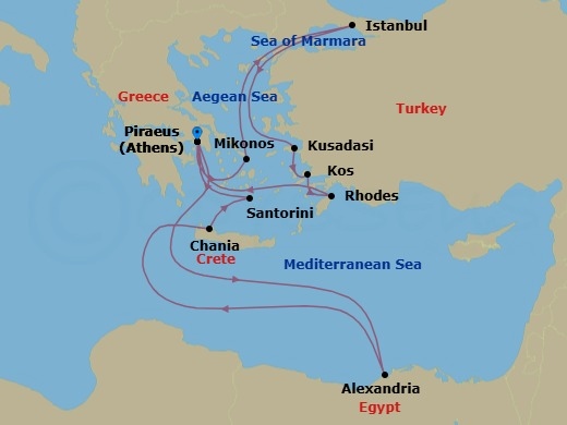 17 Night - Greek Isles : Istanbul & Cairo Overnights - Nieuw Statendam - Starting in Piraeus (Athens), Greece, Mykonos, Greece, Istanbul, Turkey, Kusadasi (Ephesus), Turkey, Kos, Greece, Rhodes, Greece, Piraeus (Athens), Greece, Alexandria EG (Cairo), Egypt, Souda (Chania), Greece, Thira (Santorini), Greece, Piraeus (Athens), Greece itinerary map