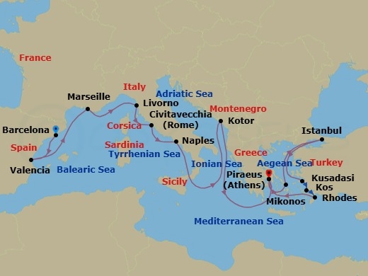 20 Night - Greek Isles : Spain, France, Italy & Istanbul - Nieuw Statendam - Starting in Barcelona, Spain, Valencia, Spain, Marseille (Provence), France, Livorno (Florence / Pisa), Italy, Civitavecchia (Rome), Italy, Naples (Pompeii / Amalfi), Italy, Cruising Strait of Messina, Kotor, Montenegro, Piraeus (Athens), Greece, Mykonos, Greece, Istanbul, Turkey, Kusadasi (Ephesus), Turkey, Kos, Greece, Rhodes, Greece, Piraeus (Athens), Greece itinerary map