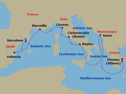10 Night - Mediterranean Splendor : Spain, France, Italy & Greece - Nieuw Statendam - Starting in Barcelona, Spain, Valencia, Spain, Marseille (Provence), France, Livorno (Florence / Pisa), Italy, Civitavecchia (Rome), Italy, Naples (Pompeii / Amalfi), Italy, Cruising Strait of Messina, Kotor, Montenegro, Piraeus (Athens), Greece itinerary map