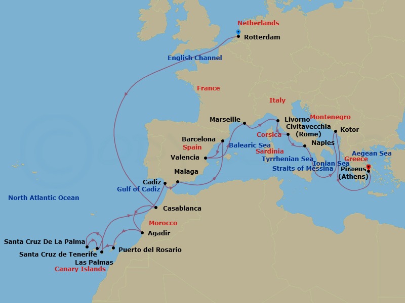 24 Night - Canary Island Enchantment with Spain, France & Italy - Nieuw Statendam - Starting in Rotterdam, the Netherlands, Casablanca, Morocco, Agadir, Morocco, Puerto del Rosario, Fuerteventura, Spain, Las Palmas, Gran Canaria, Canary Islands, Spain, Santa Cruz de La Palma, Santa Cruz de Tenerife, Cadiz (Seville), Spain, Malaga, Spain, Barcelona, Spain, Valencia, Spain, Marseille (Provence), France, Livorno (Florence / Pisa), Italy, Civitavecchia (Rome), Italy, Naples (Pompeii / Amalfi), Italy, Cruising Strait of Messina, Kotor, Montenegro, Piraeus (Athens), Greece itinerary map
