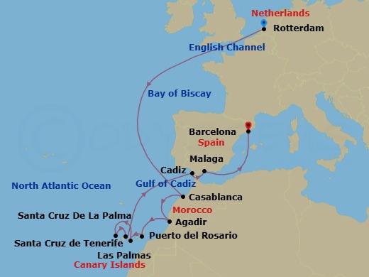 14 Night - Canary Island Enchantment with Morocco & Spain - Nieuw Statendam - Starting in Rotterdam, the Netherlands, Casablanca, Morocco, Agadir, Morocco, Puerto del Rosario, Fuerteventura, Spain, Las Palmas, Gran Canaria, Canary Islands, Spain, Santa Cruz de La Palma, Santa Cruz de Tenerife, Cadiz (Seville), Spain, Malaga, Spain, Barcelona, Spain itinerary map