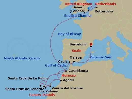 15 Night - Canary Island Enchantment with Morocco & Spain - Nieuw Statendam - Starting in Dover UK (London), England, Rotterdam, the Netherlands, Casablanca, Morocco, Agadir, Morocco, Puerto del Rosario, Fuerteventura, Spain, Las Palmas, Gran Canaria, Canary Islands, Spain, Santa Cruz de La Palma, Santa Cruz de Tenerife, Cadiz (Seville), Spain, Malaga, Spain, Barcelona, Spain itinerary map