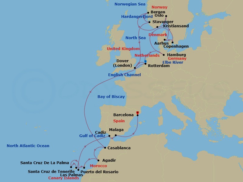 29 Night - Christmas Market Holiday & Canary Island Enchantment - Nieuw Statendam - Starting in Rotterdam, the Netherlands, Scenic cruising Elbe River, Hamburg, Germany, Aarhus, Denmark, Copenhagen, Denmark, Oslo, Norway, Kristiansand, Norway, Scenic cruising Hardangerfjord, Bergen, Norway, Stavanger, Norway, Dover UK (London), England, Rotterdam, the Netherlands, Casablanca, Morocco, Agadir, Morocco, Puerto del Rosario, Fuerteventura, Spain, Las Palmas, Gran Canaria, Canary Islands, Spain, Santa Cruz de La Palma, Santa Cruz de Tenerife, Cadiz (Seville), Spain, Malaga, Spain, Barcelona, Spain itinerary map