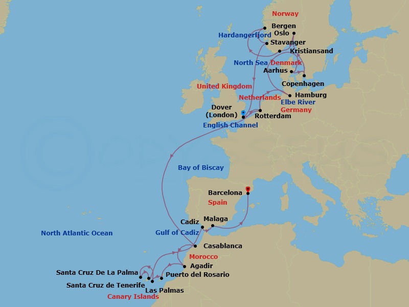 30 Night - Christmas Market Holiday & Canary Island Enchantment - Nieuw Statendam - Starting in Dover UK (London), England, Rotterdam, the Netherlands, Scenic cruising Elbe River, Hamburg, Germany, Aarhus, Denmark, Copenhagen, Denmark, Oslo, Norway, Kristiansand, Norway, Scenic cruising Hardangerfjord, Bergen, Norway, Stavanger, Norway, Dover UK (London), England, Rotterdam, the Netherlands, Casablanca, Morocco, Agadir, Morocco, Puerto del Rosario, Fuerteventura, Spain, Las Palmas, Gran Canaria, Canary Islands, Spain, Santa Cruz de La Palma, Santa Cruz de Tenerife, Cadiz (Seville), Spain, Malaga, Spain, Barcelona, Spain itinerary map