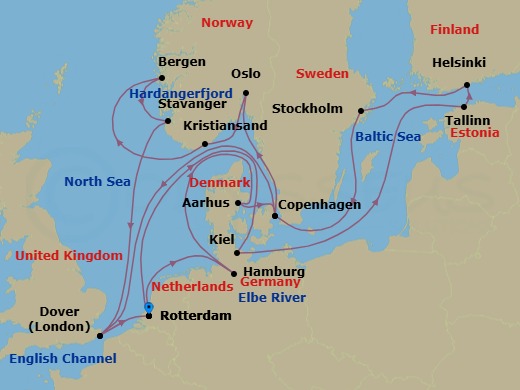 28 Night - Baltic & Scandinavian Christmas Market Holiday - Nieuw Statendam - Starting in Rotterdam, the Netherlands, Kiel (Hamburg), Germany, Tallinn, Estonia, Helsinki, Finland, Stockholm, Sweden, Cruising Stockholm Archipelago, Copenhagen, Denmark, Dover UK (London), England, Rotterdam, the Netherlands, Scenic cruising Elbe River, Hamburg, Germany, Aarhus, Denmark, Copenhagen, Denmark, Oslo, Norway, Kristiansand, Norway, Scenic cruising Hardangerfjord, Bergen, Norway, Stavanger, Norway, Dover UK (London), England, Rotterdam, the Netherlands itinerary map