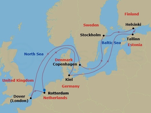 13 Night - Baltic & Scandinavian Christmas Markets : Stockholm - Nieuw Statendam - Starting in Rotterdam, the Netherlands, Kiel (Hamburg), Germany, Tallinn, Estonia, Helsinki, Finland, Stockholm, Sweden, Cruising Stockholm Archipelago, Copenhagen, Denmark, Dover UK (London), England, Rotterdam, the Netherlands itinerary map