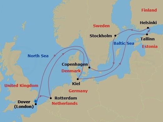 13 Night - Baltic & Scandinavian Christmas Markets : Stockholm - Nieuw Statendam - Starting in Dover UK (London), England, Rotterdam, the Netherlands, Kiel (Hamburg), Germany, Tallinn, Estonia, Helsinki, Finland, Stockholm, Sweden, Cruising Stockholm Archipelago, Copenhagen, Denmark, Dover UK (London), England itinerary map