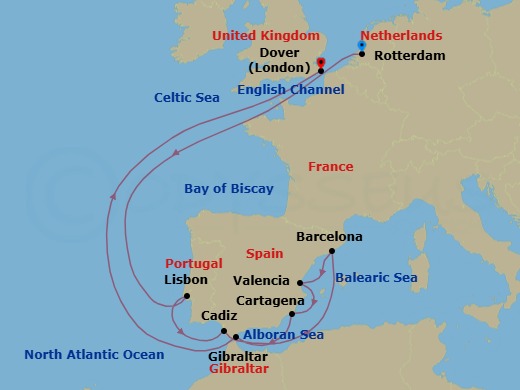 14 Night - Western Mediterranean : Lisbon Overnight - Nieuw Statendam - Starting in Rotterdam, the Netherlands, Lisbon, Portugal, Cadiz (Seville), Spain, Barcelona, Spain, Valencia, Spain, Cartagena ES, Gibraltar, Dover UK (London), England itinerary map