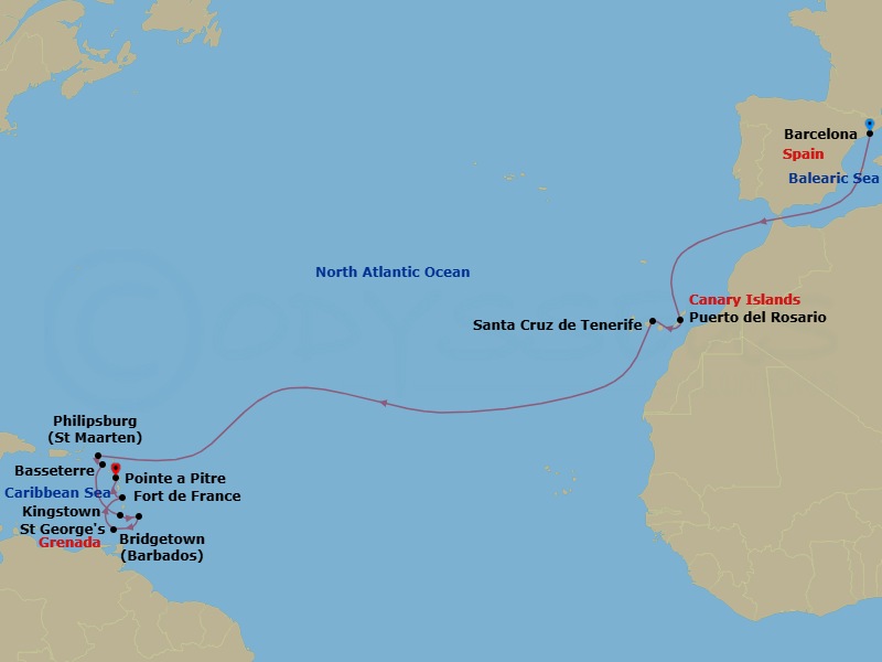 18 Night - Msc Grand Voyages - MSC World Europa - Starting in Barcelona, Spain, Puerto Del Rosario / Fuerteventura, Spain, Santa Cruz de Tenerife, Philipsburg, St Maarten, Basseterre, St Kitts and Nevis, Kingstown, St Vincent and the Grenadines, Bridgetown, Barbados, Saint George, Grenada, Fort-de-France, Martinique, Pointe-A-Pitre, Guadeloupe itinerary map