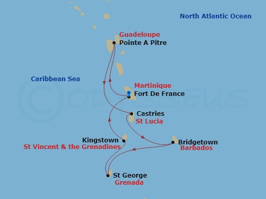 7 Night - South Caribbean - MSC World Europa - Starting in Fort-de-France, Martinique, Pointe-A-Pitre, Guadeloupe, Castries, Saint Lucia, Bridgetown, Barbados, Saint Georges, Grenada, Kingstown, St Vincent and the Grenadines, Fort-de-France, Martinique itinerary map