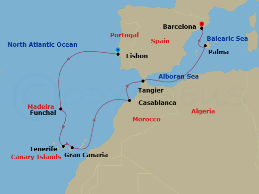 10 Night - Canaries, Portugal & Morocco - Mariner of the Seas - Starting in Lisbon, Portugal, Madeira (Funchal), Portugal, Tenerife, Canary Islands, Gran Canaria, Canary Islands, Casablanca, Morocco, Tangier, Morocco, Palma De Mallorca, Spain, Barcelona, Spain itinerary map