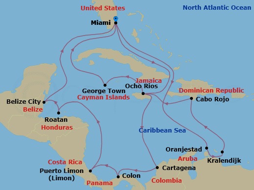 21 Night - Caribbean and Antilles - MSC Poesia - Starting in Miami, Florida, Oranjestad, Aruba, Kralendijk, Bonaire, Cabo Rojo, Dominican Republic, Ocho Rios, Jamaica, George Town, Cayman Islands, Miami, Florida, Ocho Rios, Jamaica, Cartagena CO, Colombia, Colon, Panama, Puerto Limon, Costa Rica, Roatan Island, Honduras, Belize City, Belize, Miami, Florida itinerary map