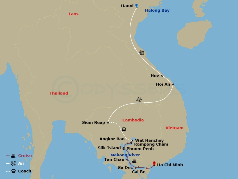 23 Night - Essence of Cambodia, Vietnam & Luxury Mekong - Scenic Spirit - Starting in Hanoi, Hanoi to Halong Bay, Halong Bay, Halong Bay to Hanoi, Hanoi / Hue, Hue / Hoi An, Hoi An, Hoi An / Siem Reap, Siem Reap, Siem Reap / Mekong Cruise, Wat Hanchey / Kampong Cham, Kampong Cham / Angkor Ban, Angkor Ban / Silk Island / Phnom Penh, Phnom Penh, Phnom Penh / Border Crossing / Tan Chau, Tan Chau, Sa Dec, Cai Be, Mekong Cruise / Ho Chi Minh City, Ho Chi Minh City itinerary map