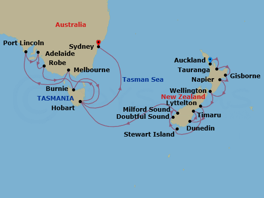 24 Night - Australia from Auckland to Sydney - Silver Moon - Starting in Auckland, Tauranga, Gisborne, Napier, Wellington, Lyttelton, Dunedin, Timaru, Stewart Island, Doubtful Sound, Milford Sound, Hobart, Melbourne, Port Lincoln, Adelaide, Robe, Burnie, Hobart, Sydney AU itinerary map