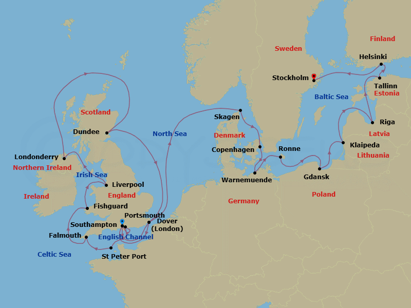 24 Night - Europe from Southampton to Stockholm - Silver Spirit - Starting in Southampton, Portsmouth UK, St Peter Port, Falmouth, Fishguard, Liverpool, Greencastle, Dundee, Dover UK, Southampton, Dover UK, Skagen, Copenhagen, Warnemunde, Ronne, Gdansk, Klaipeda, Riga, Tallinn, Helsinki, Stockholm itinerary map