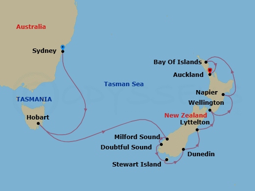 14 Night - Sydney to Auckland - Silver Moon - Starting in Sydney AU, Hobart, Tasmania, Cruising Milford Sound, Cruising Doubtful Sound, Stewart Island, Dunedin (Port Chalmers), Lyttelton (Christchurch), Wellington, Napier, Bay of Islands, Auckland itinerary map