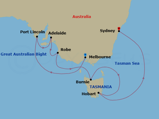 10 Night - Melbourne to Sydney - Silver Moon - Starting in Melbourne, Port Lincoln, Adelaide, Robe, Burnie, Hobart, Tasmania, Sydney AU itinerary map