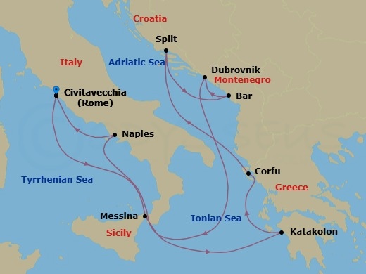 10 Night - Italy, Greece & Croatia Cruise - Celebrity Ascent - Starting in Rome (Civitavecchia), Italy, Sicily (Messina), Italy, Olympia (Katakolon), Greece, Corfu, Greece, Split, Croatia, Montenegro, Dubrovnik, Croatia, Naples, Italy, Rome (Civitavecchia), Italy itinerary map