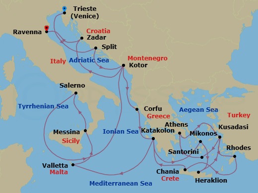 21 Night - The Best of the Mediterranean - Enchanted Princess - Starting in Trieste (for Venice), Italy, Split, Croatia, Kotor, Montenegro, Corfu, Greece, Katakolon (for Olympia), Greece, Mykonos, Greece, Crete (Heraklion), Greece, Kusadasi, Turkey (for Ephesus), Santorini, Greece, Athens (Piraeus), Greece, Kusadasi, Turkey (for Ephesus), Rhodes, Greece, Crete (Chania), Greece, Katakolon (for Olympia), Greece, Valletta, Malta, Sicily (Messina), Italy, Amalfi Coast (Salerno), Kotor, Montenegro, Zadar, Croatia, Ravenna, Italy itinerary map