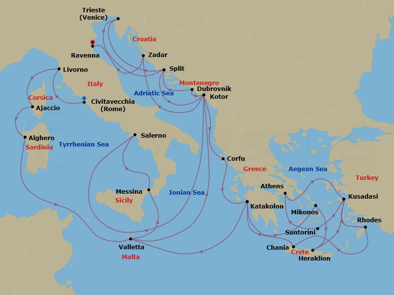 31 Night - The Best of the Mediterranean - Enchanted Princess - Starting in Civitavecchia (for Rome), Italy, Livorno (for Florence / Pisa), Italy, Corsica (Ajaccio), France, Sardinia (Alghero), Italy, Valletta, Malta, Kotor, Montenegro, Dubrovnik, Croatia, Split, Croatia, Trieste (for Venice), Italy, Split, Croatia, Kotor, Montenegro, Corfu, Greece, Katakolon (for Olympia), Greece, Mykonos, Greece, Crete (Heraklion), Greece, Kusadasi, Turkey (for Ephesus), Santorini, Greece, Athens (Piraeus), Greece, Kusadasi, Turkey (for Ephesus), Rhodes, Greece, Crete (Chania), Greece, Katakolon (for Olympia), Greece, Valletta, Malta, Sicily (Messina), Italy, Amalfi Coast (Salerno), Kotor, Montenegro, Zadar, Croatia, Ravenna, Italy itinerary map
