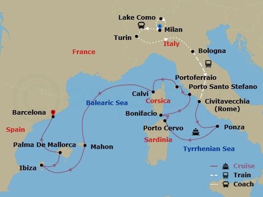 19 Night - Icons of Italy & Mediterranean Islands - Cruise & Land Journey - Scenic Ikon - Starting in Milan, Lake Como, Milan, Milan / Turin via Pessione, Turin, Turin / Bologna, Bologna, Bologna / Rome, Civitavecchia (Rome), Italy, Ponza, Italy, Porto Cervo, Sardinia, Italy, Bonifacio, Corsica, France, Porto Santo Stefano, Italy, Portoferraio, Elba, Italy, Calvi, Corsica, France, Mahon, Menorca, Spain, Ibiza, Spain, Palma De Mallorca, Spain, Barcelona, Spain itinerary map