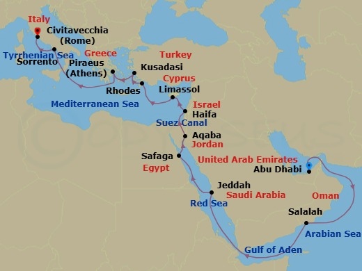23 Night - Minarets & Monuments - Seven Seas Splendor - Starting in Abu Dhabi, Cruising the Gulf of Oman, Cruising the Arabian Sea, Salalah, Cruising the Arabian Sea, Cruising the Gulf of Aden, Cruising the Red Sea, Jeddah, Cruising the Red Sea, Luxor (Safaga), Aqaba, Suez Canal (Transit), Jerusalem (Haifa), Limassol, Rhodes, Kusadasi, Athens (Piraeus), Cruising the Mediterranean Sea, Sorrento / Capri, Rome (Civitavecchia) itinerary map