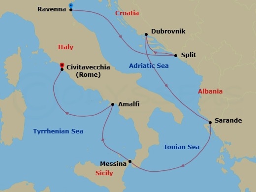 7 Night - Italy, Croatia & the Adriatic - Brilliance of the Seas - Starting in Ravenna, Italy, Dubrovnik, Croatia, Split, Croatia, Sarande, Albania, Sicily (Messina), Italy, Amalfi Coast (Salerno), Italy, Rome (Civitavecchia), Italy itinerary map