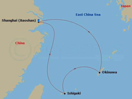 5 Night - Okinawa & Ishigaki Cruise - Spectrum of the Seas - Starting in Shanghai (Baoshan), China, Okinawa, Japan, Ishigaki, Japan, Shanghai (Baoshan), China itinerary map