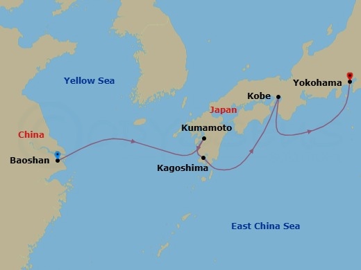 8 Night - Kobe, Kagoshima & Kumamoto - Spectrum of the Seas - Starting in Shanghai (Baoshan), China, Kumamoto (Yatsushiro), Japan, Kagoshima, Japan, Kobe, Japan, Tokyo (Yokohama), Japan itinerary map