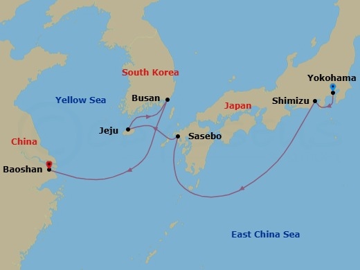 8 Night - Mt Fuji, Sasebo, Jeju & Busan - Spectrum of the Seas - Starting in Tokyo (Yokohama), Japan, Mount Fuji (Shimizu), Japan, Sasebo (Uragashira), Japan, Jeju (Seogwipo), South Korea, Busan, South Korea, Shanghai (Baoshan), China itinerary map