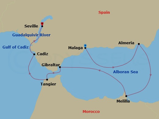 7 Night - Coastal Gems from Malaga to Seville - Emerald Kaia - Starting in Malaga, Spain, Almeria, Spain, Melilla, Spain, Gibraltar, British Overseas Territory, Tangier, Morocco, Cadiz, Spain, Seville, Spain itinerary map