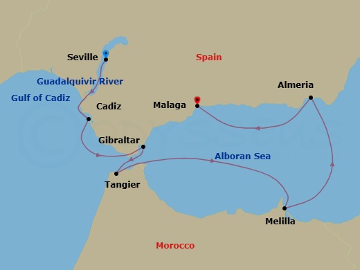 7 Night - Coastal Gems from Seville to Malaga - Emerald Kaia - Starting in Seville, Spain, Cadiz, Spain, Gibraltar, British Overseas Territory, Tangier, Morocco, Melilla, Spain, Almeria, Spain, Malaga, Spain itinerary map
