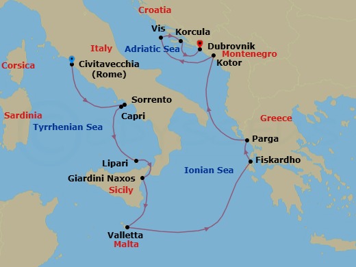 12 Night - Italian & Adriatic Icons : Rome to Dubrovnik - Emerald Azzurra - Starting in Civitavecchia (Rome), Italy, Sorrento / Capri, Italy, Capri, Italy, Lipari, Italy, Giardini Naxos (Taormina), Italy, Valletta, Malta, Fiskardo, Cephalonia Island, Greece, Parga, Greece, Kotor, Montenegro, Vis, Croatia / Korcula, Croatia, Korcula, Croatia, Dubrovnik, Croatia itinerary map