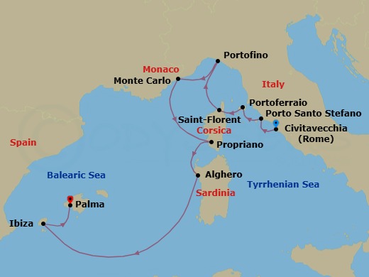 10 Night - Mediterranean Highlights : the Riviera, Sardinia and Ibiza - Emerald Kaia - Starting in Civitavecchia (Rome), Italy, Porto Santo Stefano, Italy, Portoferraio, Elba, Italy, Saint-Florent, Corsica, France, Portofino, Italy, Monte Carlo, Monaco, Propriano, Corsica, France, Alghero, Sardinia, Italy, Ibiza, Spain, Palma De Mallorca, Spain itinerary map