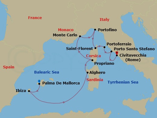 10 Night - Mediterranean Highlights : Sardinia, Ibiza & the Riviera - Emerald Kaia - Starting in Palma De Mallorca, Spain, Ibiza, Spain, Alghero, Sardinia, Italy, Propriano, Corsica, France, Monte Carlo, Monaco, Portofino, Italy, Saint-Florent, Corsica, France, Portoferraio, Elba, Italy, Porto Santo Stefano, Italy, Rome (Civitavecchia), Italy itinerary map