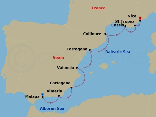 8 Night - Mediterranean Reflections : Spain to France - Emerald Sakara - Starting in Malaga, Spain, Almeria, Spain, Cartagena ES, Valencia, Spain, Tarragona (Barcelona), Spain, Collioure, France, Cassis, France, Saint-Tropez, France, Nice, France itinerary map
