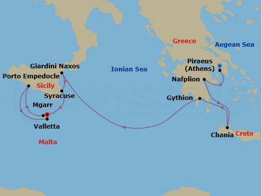 10 Night - Mediterranean Crossroads - Emerald Azzurra - Starting in Athens (Piraeus), Greece, Nafplion, Greece, Chania, Crete, Greece, Gythio, Greece, Giardini Naxos (Taormina), Sicily, Italy, Syracuse IT, Sicily, Italy, Mgarr, Gozo, Malta, Porto Empedocle, Sicily, Italy, Valletta, Malta itinerary map