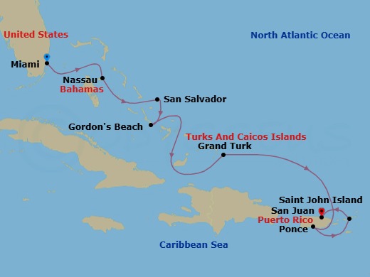 9 Night - Paradise Beaches from the Bahamas to the U.S. Virgin Islands - Emerald Kaia - Starting in Miami, Florida, Nassau, Bahamas, San Salvador Island, the Bahamas, Gordons Beach, Long Island, The Bahamas, Grand Turk, Turks and Caicos Islands, Ponce, Puerto Rico, St John VI, US Virgin Islands, San Juan, Puerto Rico itinerary map