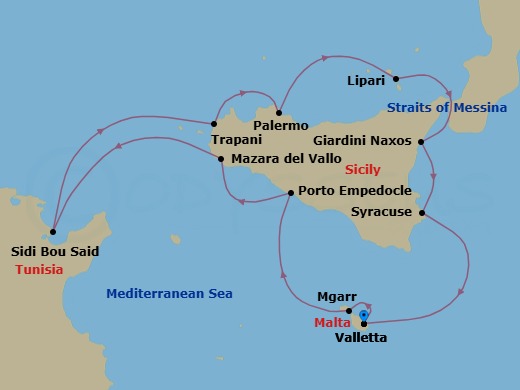 10 Night - Mediterranean Delights - Emerald Azzurra - Starting in Valletta, Malta, Mgarr, Gozo, Malta, Porto Empedocle, Sicily, Italy, Mazara del Vallo, Sicily, Italy, Sidi Bou Said, Tunisia, Trapani, Sicily, Italy, Palermo, Sicily, Italy, Lipari, Italy, Giardini Naxos (Taormina), Sicily, Italy, Syracuse IT, Sicily, Italy, Valletta, Malta itinerary map